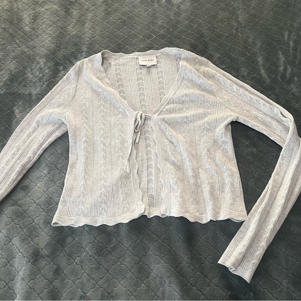 Y2K‎ Pink Rose Light Gray Openwork Tie-Front Cardigan